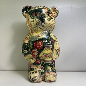 Joan Baker Teddy Bear Porcelain Patchwork Fabric Print Figurine Rare VTG Retired